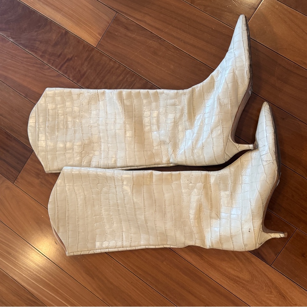 Schutz Cream Croc-Embossed Knee-High Boots